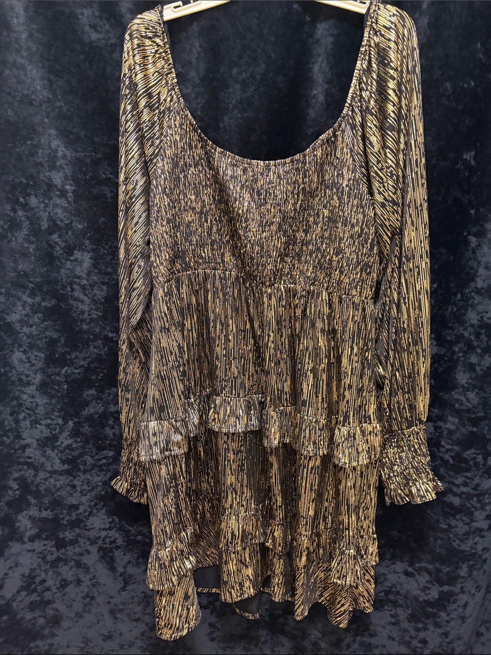 Black and Gold Metallic Tiered Long Sleeve Dress